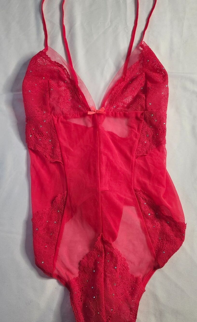 Victorias Secret Red Lace Rhinestone Crystal Teddy Bodysuit Thong Large L Sexy